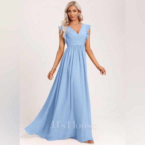 JJs House Floor-Length Chiffon Bridesmaid Dress With Ruffle in Light Blue - Picture 2 of 4